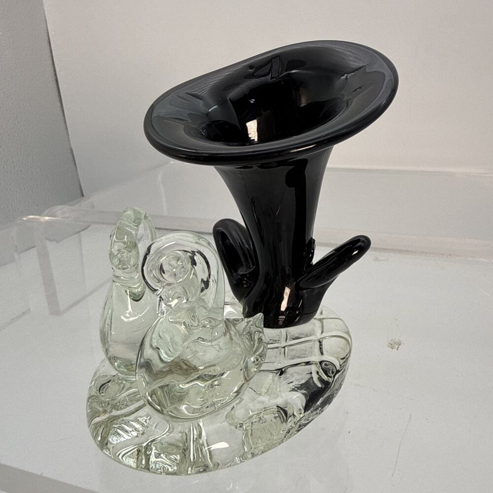 Vintage Art Glass Pair of Ducks & Black Swirl Jack In The Pulpit Vase Sculpture